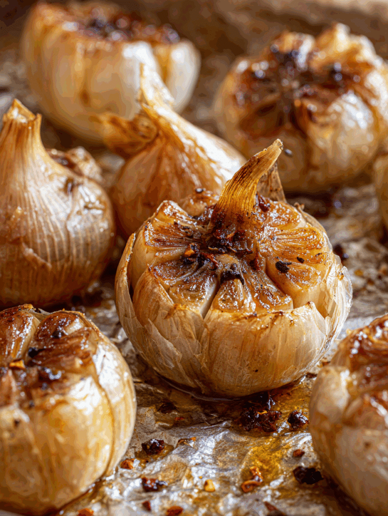 roasted shallots and garlic on foil