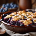 Blueberry Ginger Cookie Cobbler with golden topping in farmhouse setting