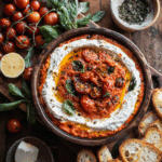 Finished roasted tomato burrata dip with ingredients