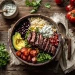 High protein California burrito bowl on rustic wooden table
