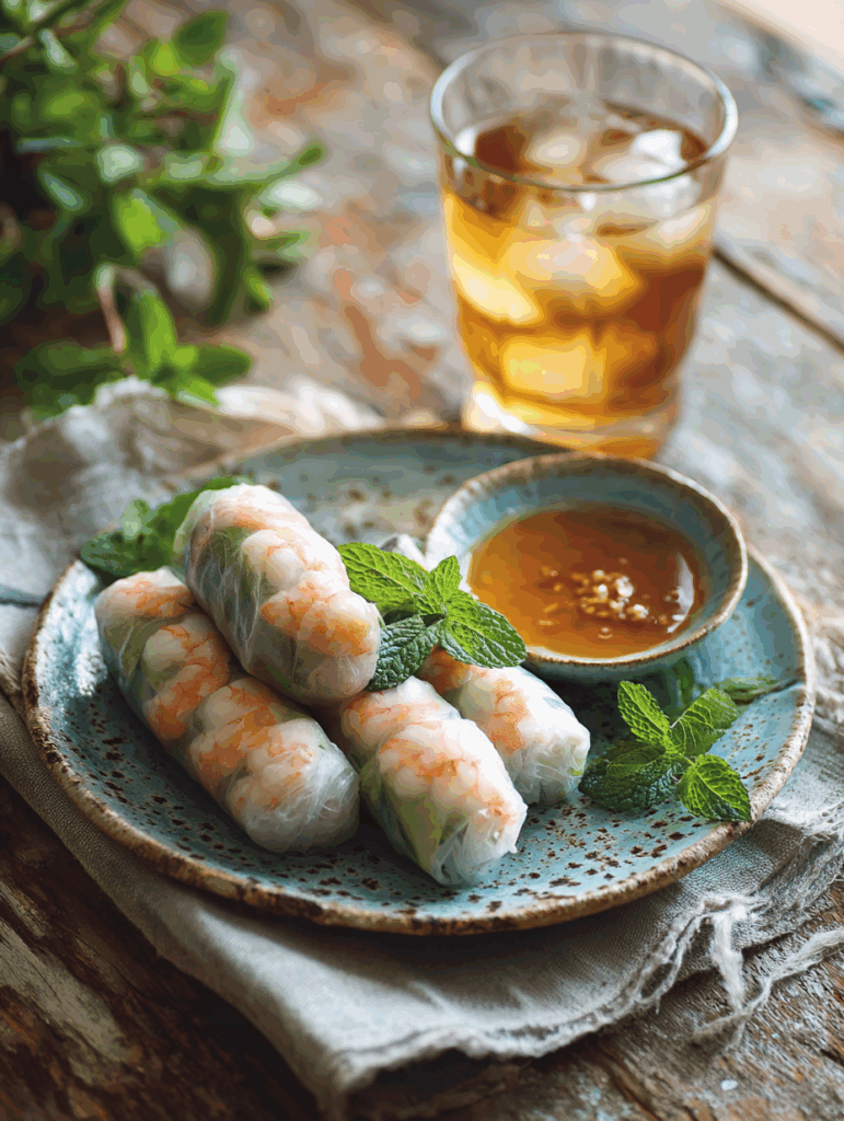 Served low cal shrimp summer rolls with dipping sauce