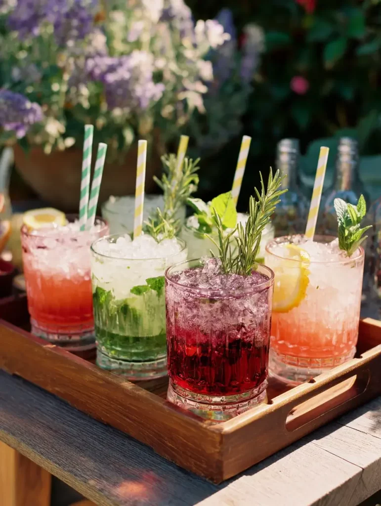 Multiple deli container mocktails on tray