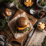 cracked burger recipe card flat lay