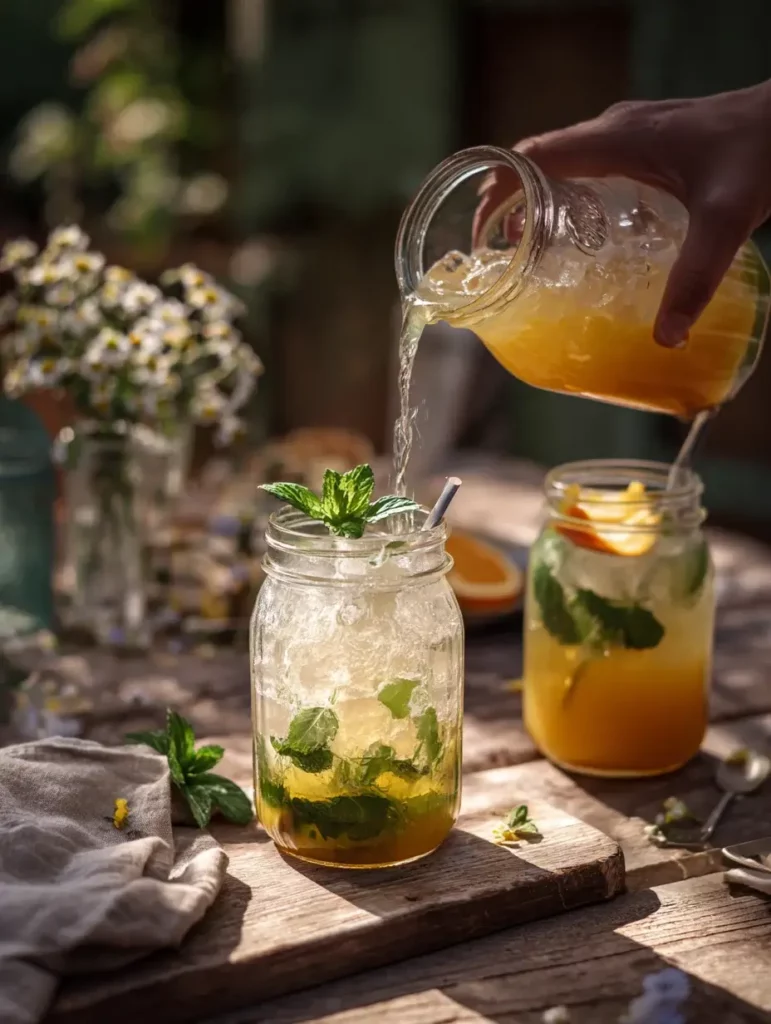 Making and serving a deli container mocktail with citrus, mint, and herbs