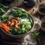 Vietnamese noodle salad in rustic ceramic bowl